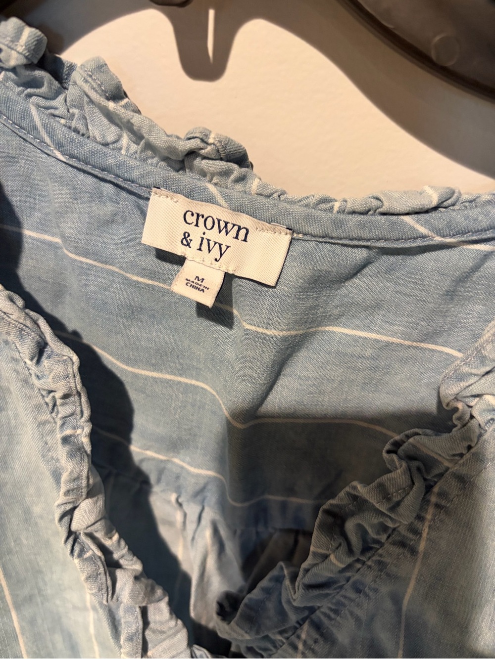 crown & ivy Light Blue Striped Women’s Denim Top with Ruffle Trim